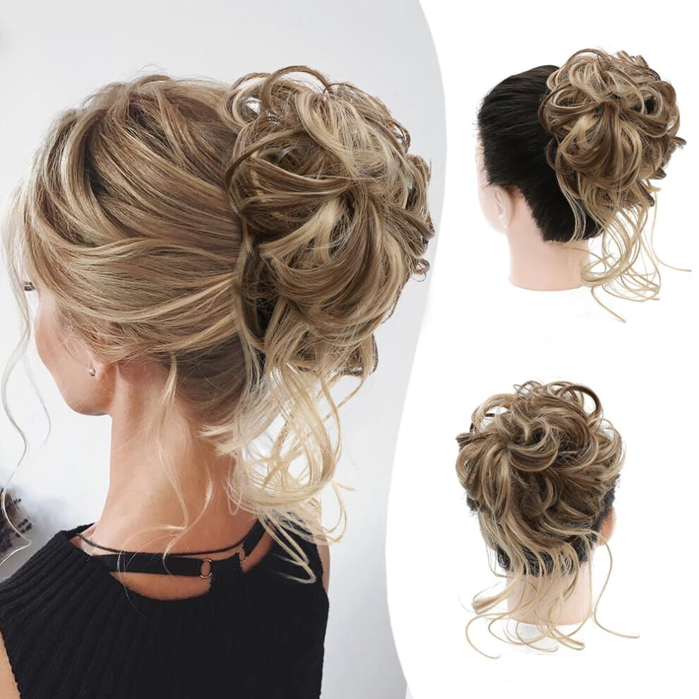 Unisex Brown Messy Bun Hair Piece Mix Light Ash Blonde Curly Wavy Hair Bun Extension For Women