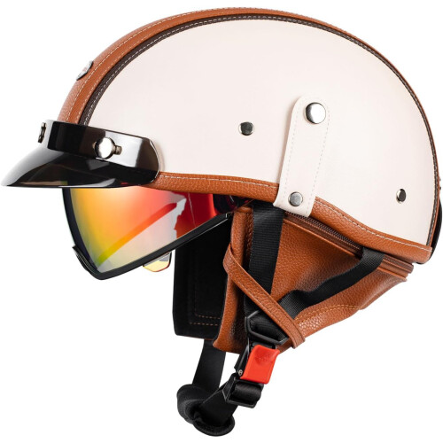 Motorcycle Half Helmet DOT Approved Retro PU Leather Open Face with Sun Visor Quick Release Strap White/Orange Medium 2