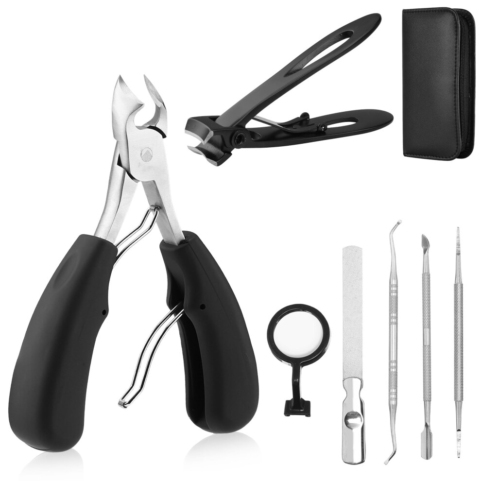 Thick Nail Clippers Set with Magnifier for Seniors, Heavy Duty Large Toenail Clippers, Ergonomic Grip with PU Leather Case