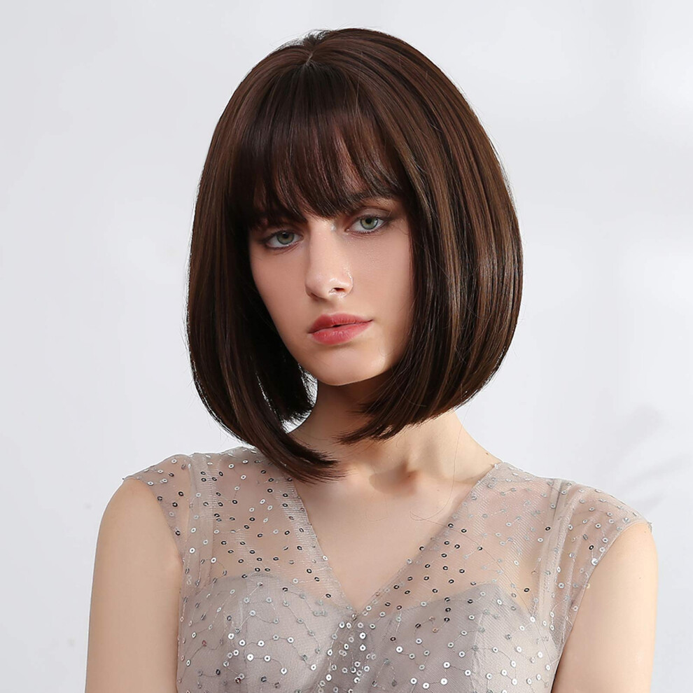 12 Inch Short Brown Bob Wig with Bangs, Straight Synthetic Natural Looking Wig for Women