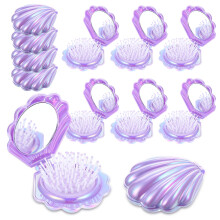 12 Pcs Mini Foldable Travel Hair Brush with Mirror, Shell Shape Compact Detangling Comb for Women Girls, Purple Bridal Shower Party Favors