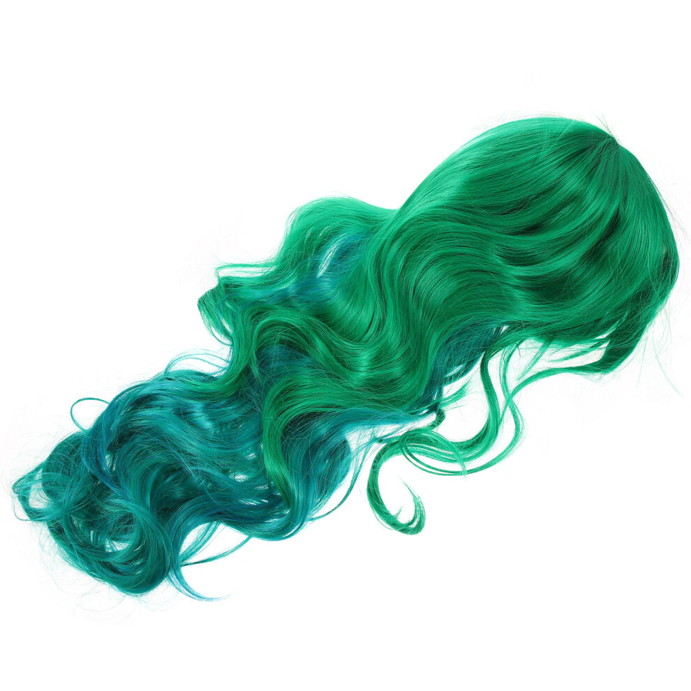Happyyami Unisex Green 2Pcs Synthetic Women Wig Long Curly Cosplay Party Hairpiece