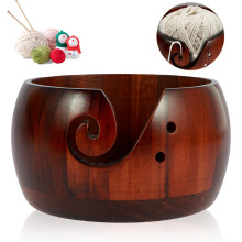 Wooden Yarn Bowl for Crocheting, 6in Dark Color Knitting Bowl with Carved Holes for Storage Use