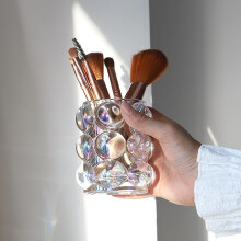Transparent Glass Makeup Brush Holder with Crystal Design, MultiPurpose Spherical Organizer for Desk and Vanity