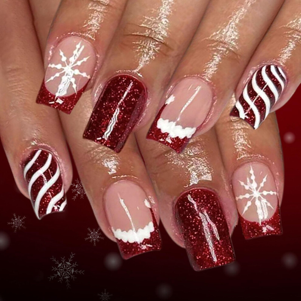 Red Christmas Press On Nails Set Glitter Snowflake Holiday Fake Nails With Glue 24Pcs