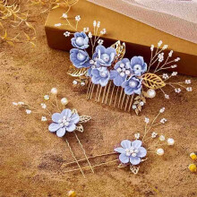 Wedding Hair Accessories Blue Flower Bridal Hair Comb Set with Crystal Leaves Pearls and Rhinestones