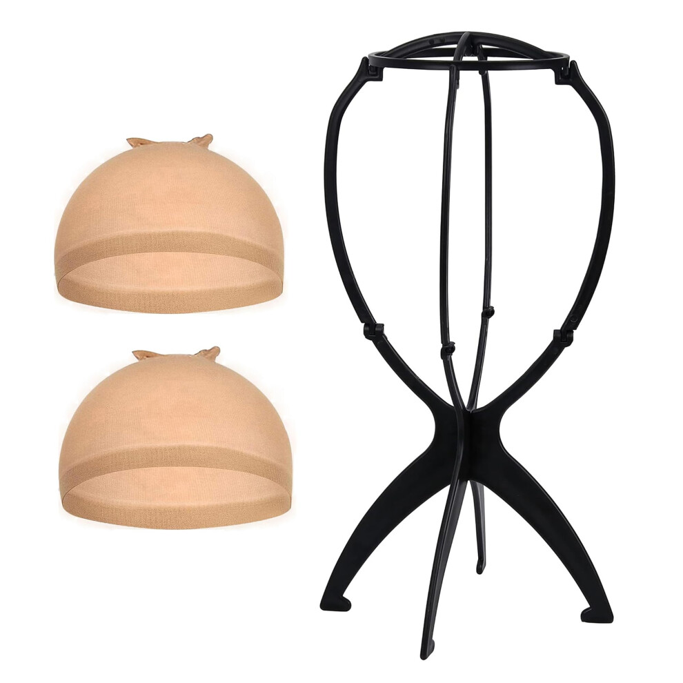 Unisex Black Collapsible Wig Stand Holder With 2 Caps And Base For Travel, Drying And Display