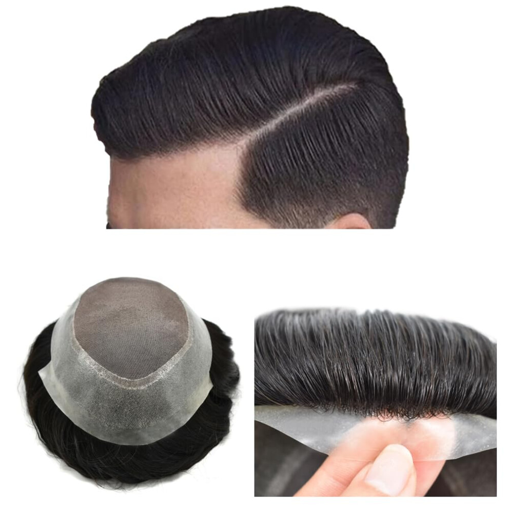 Unisex Black Mens Hair Toupee French Lace Hair System 5X7 Jet 100% Human Hairpiece Realistic Hairline