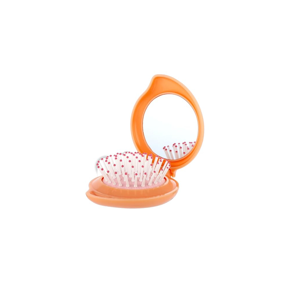 Orange Foldable Hair Brush With Mirror Compact Travel Pocket Hair Brush For Women And Girls