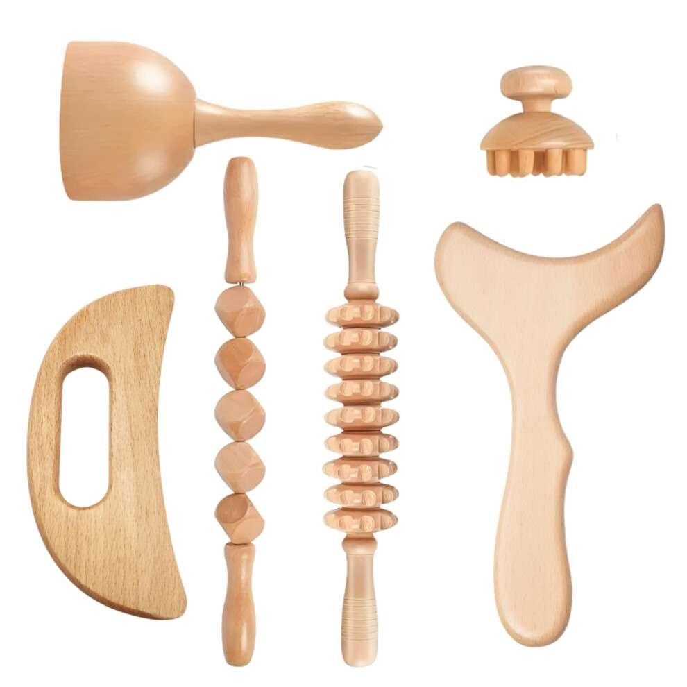 Wood Therapy Massage Tools Set 6in1 for Body Sculpting, Cellulite Reduction and Muscle Pain Relief