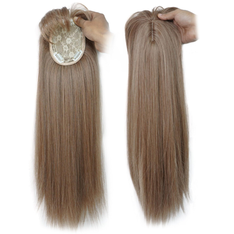 Unisex Brown 18 Inch Straight Synthetic Hair Topper With Bangs For Women, Instant Volume Boost