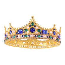 Men's Crown Gold Rhinestone Tiara with Vintage Baroque Design and Sparkling Blue Accents for Wedding Prom Pageant