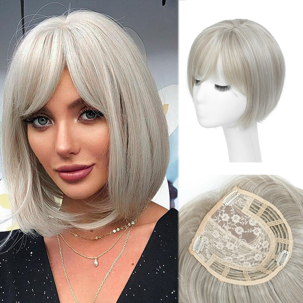 Unisex Ivory Hair Topper For Women 11 Inch Blonde Bob Wig With Bangs Clipin For Thinning Hair