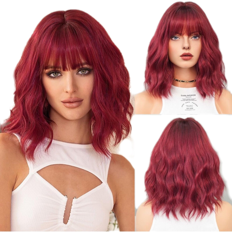 Red Wine Shoulder Length Curly Wig With Wispy Bangs, Realistic Texture Synthetic Bob