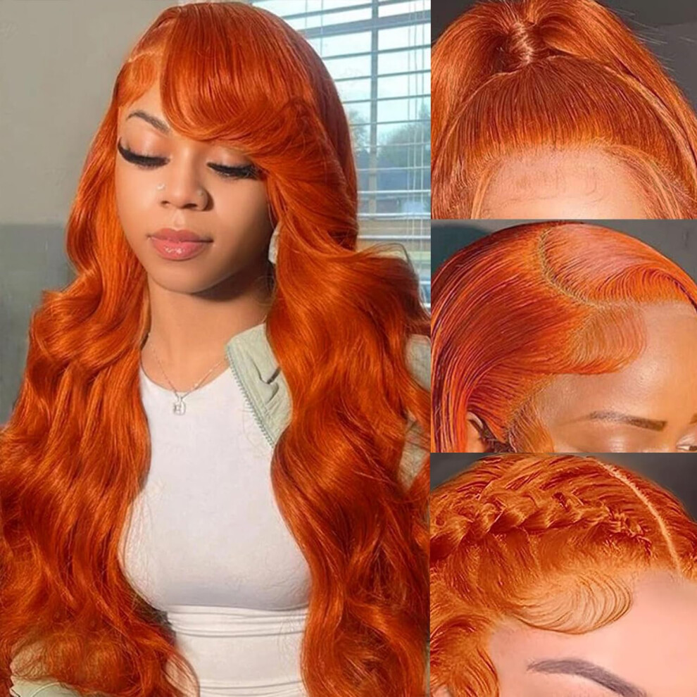 Unisex Orange Ginger Lace Front Human Hair Wig 13X6 Hd Body Wave 30 Inch Preplucked Glueless Wig