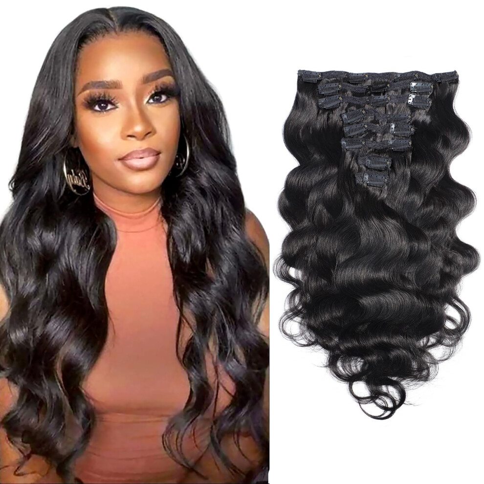Unisex Black 26 Inch Body Wave Clip In Human Hair Extensions Natural Brazilian Remy Double Weft 8Pcs Set