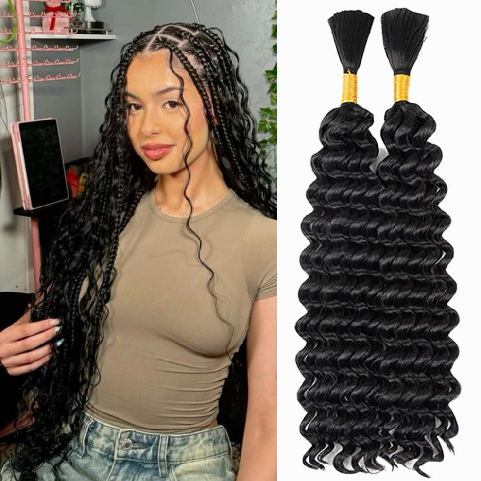 Deep Wave Bulk Braiding Hair Extensions for Box and Boho Braids, Wet and Wavy No Weft 2 Bundles