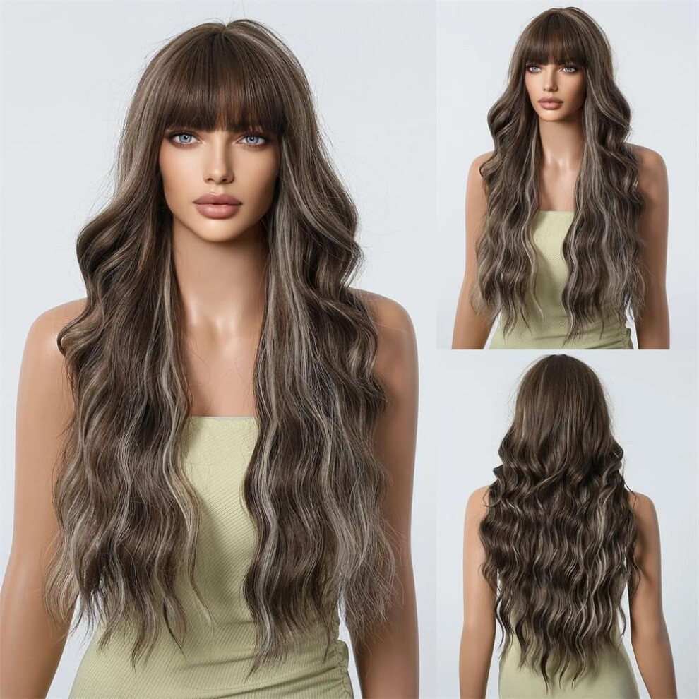 Synthetic Curly Wig Ombre Golden Brown 26 Inch Lace Front with Bangs Heat Resistant for Women