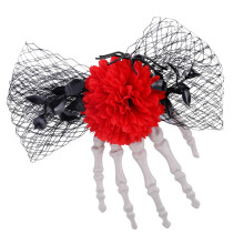 Halloween Hair Clip Red Spider Flower Gothic Punk Skull and Hand Hairpin for Costume Party