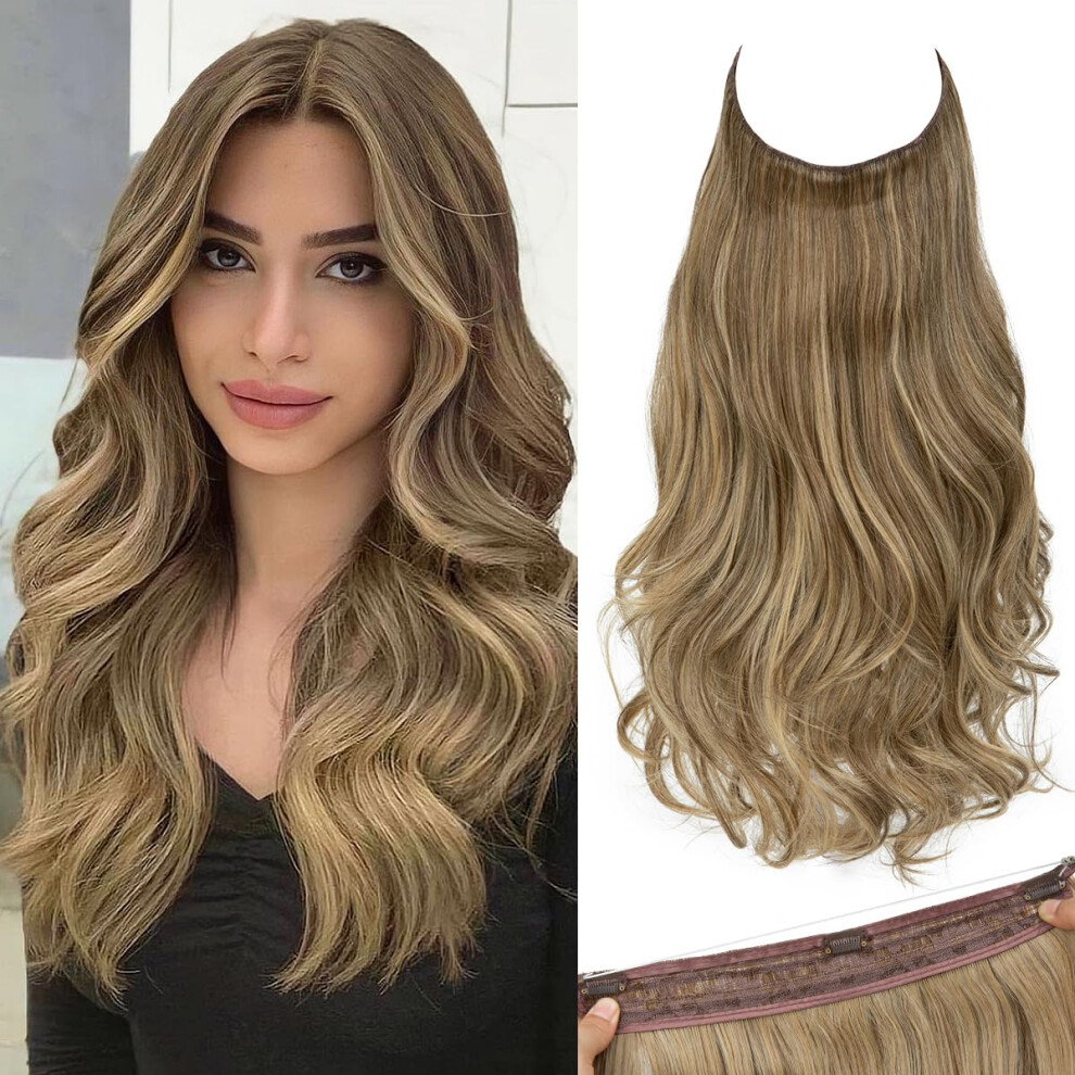 Unisex Invisible Wire Hair Extensions 14 Inch Sandy Brunette Wavy Curly Synthetic Hairpiece With Clips