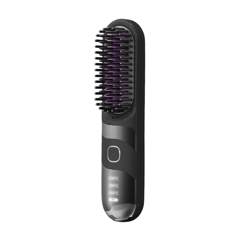 Black Cordless Hair Straightener Brush With Fast Heating, 3 Temp Modes, Led Display, Antiscald,