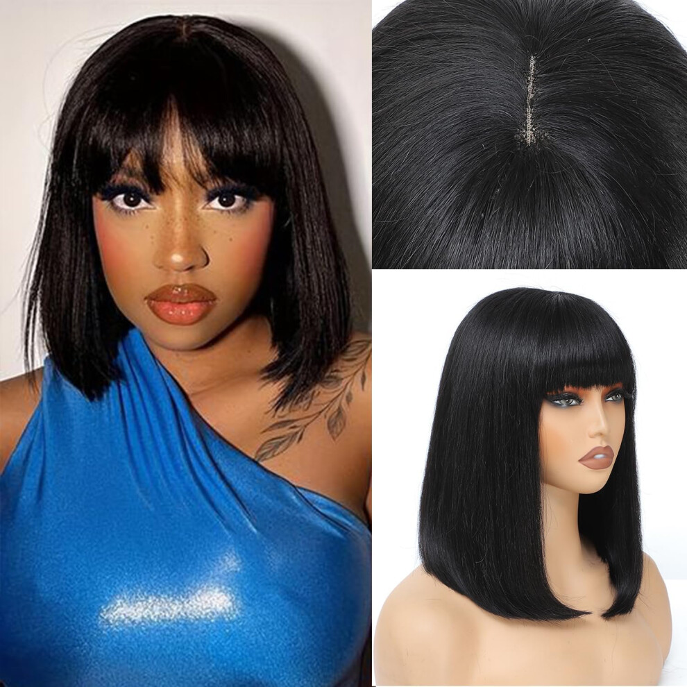 10 Inch Human Hair Bob Wig with Bangs, 180% Density, Glueless Middle Part, Heat Styling Friendly