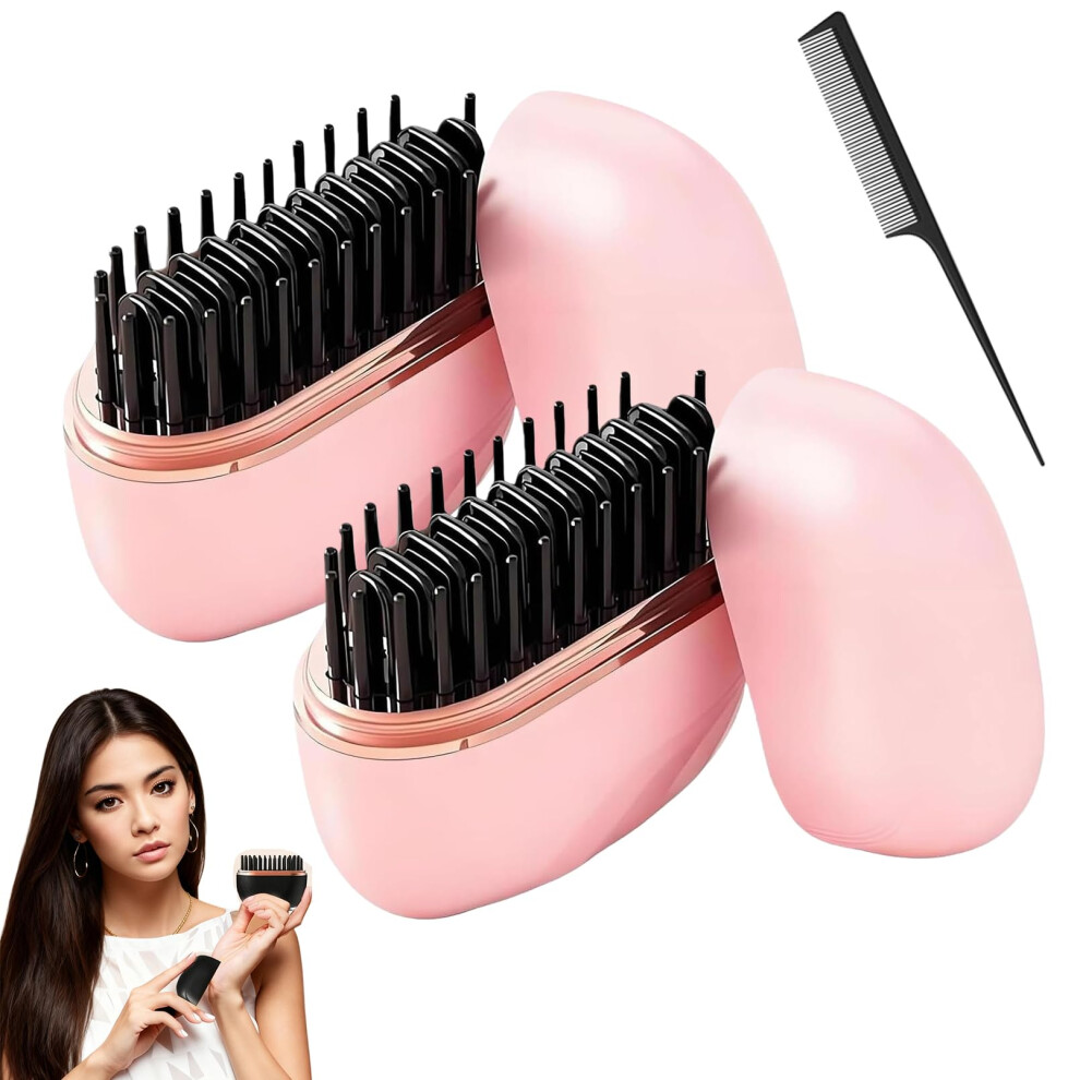 Pink Mini Hair Straightener Cordless 2In1 Brush, Rechargeable Flat Iron With 3 Temp Settings,