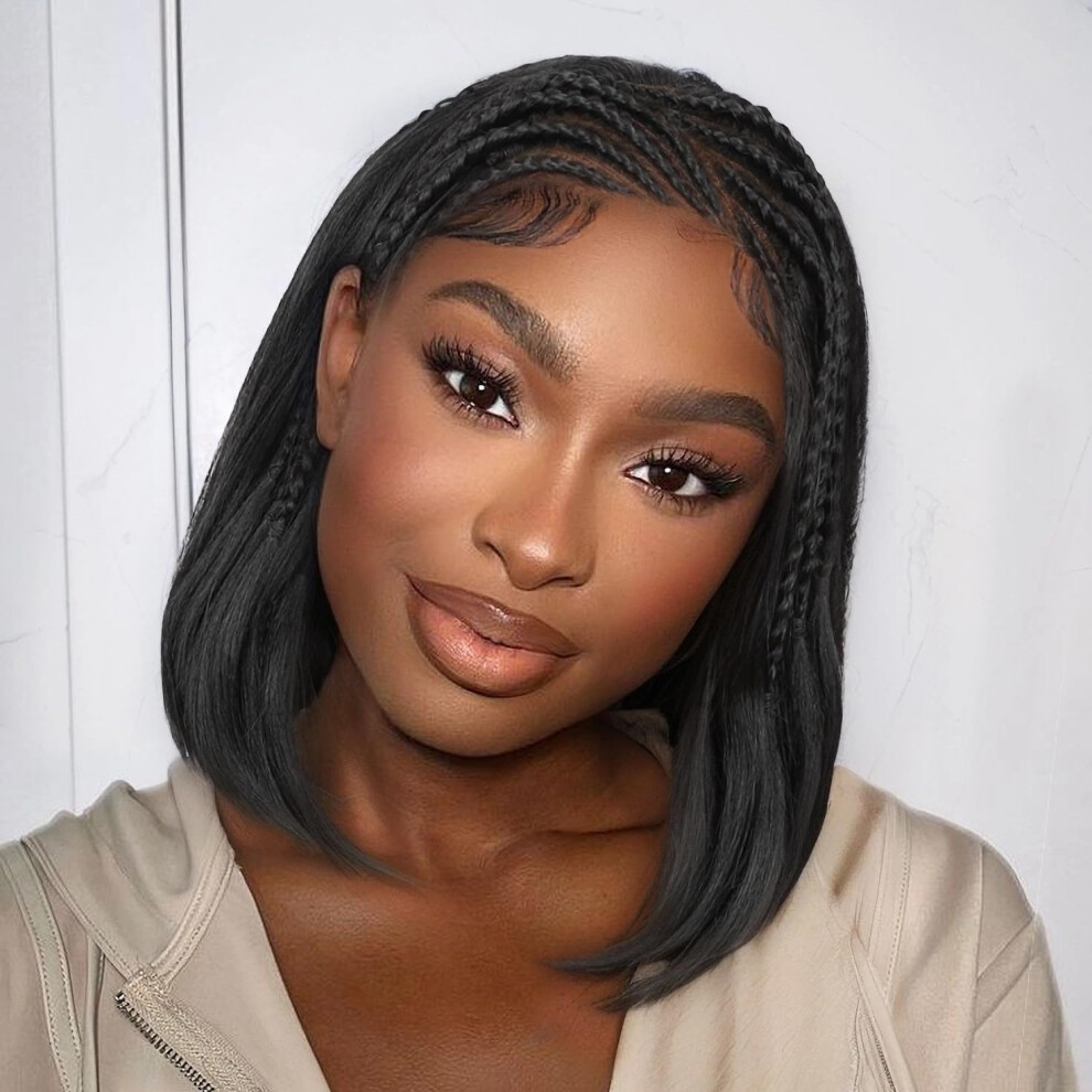 Unisex Black 13X4 Hd Lace Front Braided Bob Wig For Women Handmade Cornrow 12 Inch Synthetic Fiber