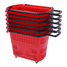 35L Red Rolling Shopping Basket Set with Wheels and Dual Handles, Durable Plastic Cart for Supermarkets