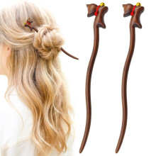 2 Pack Wooden Hair Stick with Cute Cat Design, Handmade Vintage Hairpin for Updos and Buns