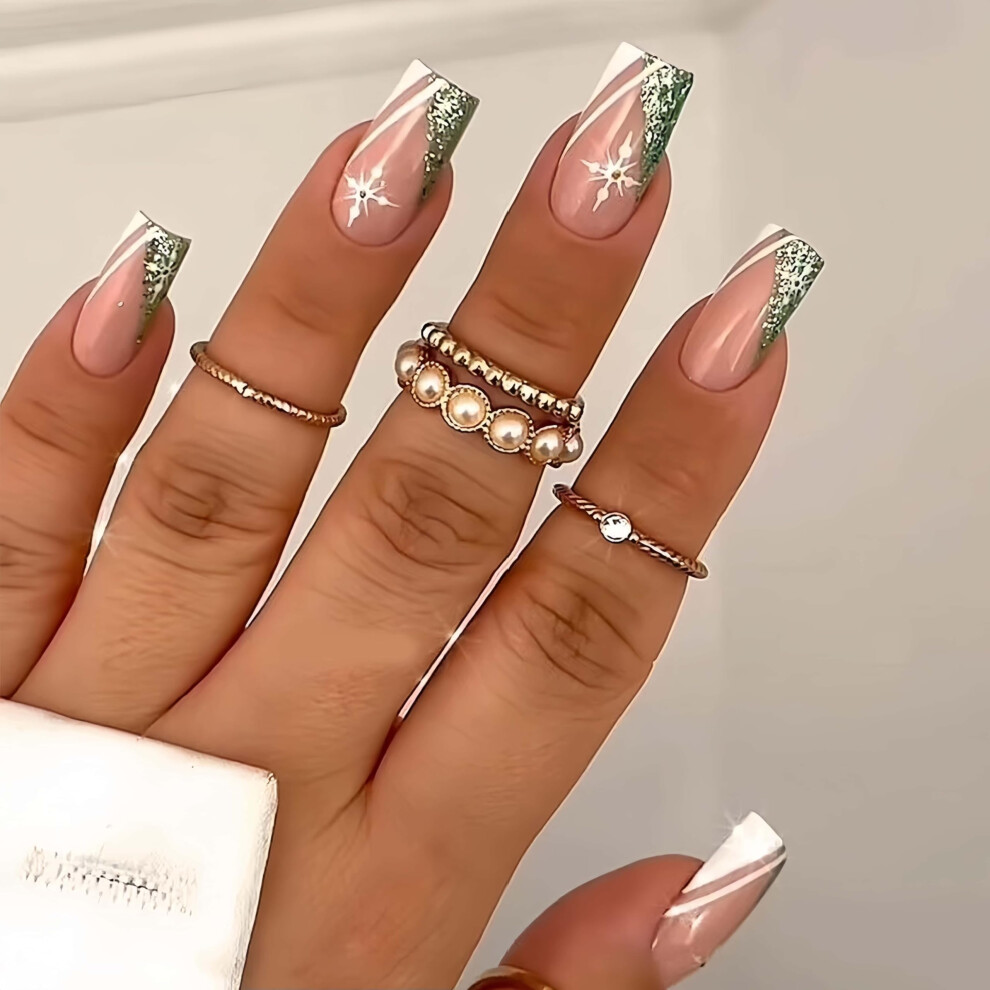 Green Christmas Press On Nails Glitter Coffin Fake Nails With Elegant Snowflake Design 24Pcs