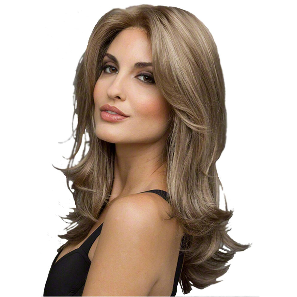 Unisex Brown Long Curly Wig With Bangs Ombre Blonde Heatresistant Synthetic Wig For Women