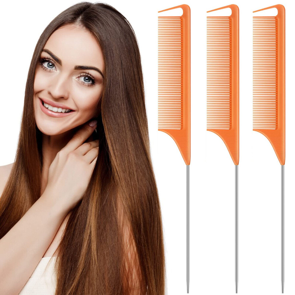 3 Pack Carbon Fiber Rat Tail Comb Set with Steel Pintail, Heat Resistant Styling Comb for Salon