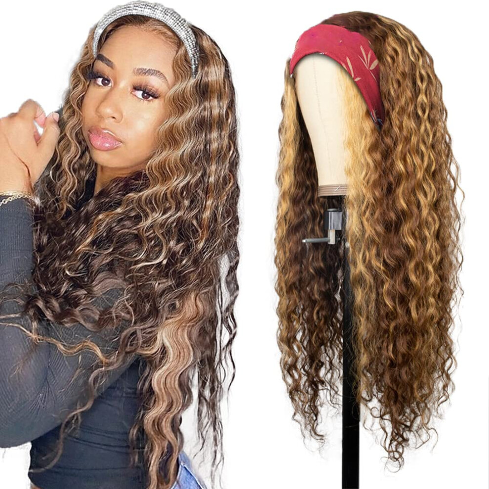 22 Inch Ombre Highlight Brown Deep Wave Headband Wig for Women, Glue, ReadytoWear Design