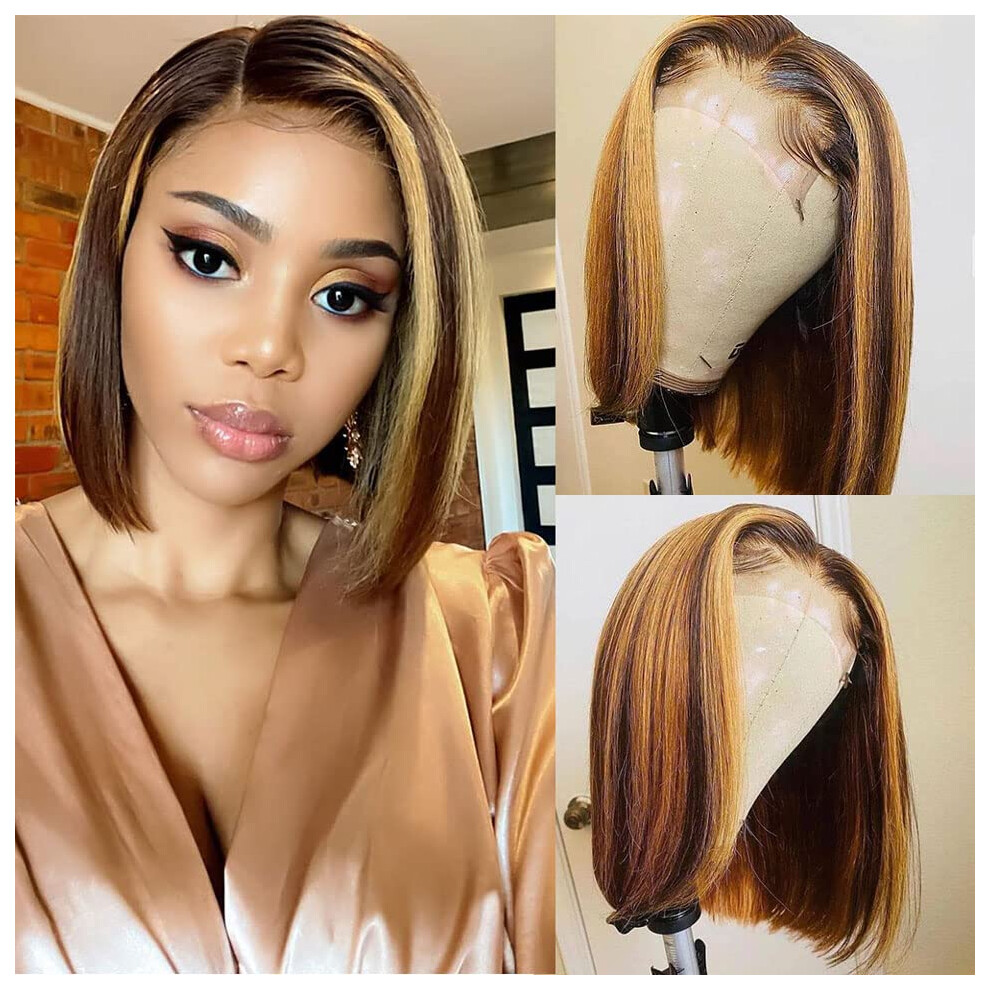 Unisex Honey Blonde Lace Front Wig 13X4 Hd Transparent Lace Human Hair Bob Pre Plucked Natural Hairline 8 Inch
