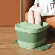 Collapsible Foot Soak Tub with Massage Dots and Retractable Footrest, Foldable Basin Green