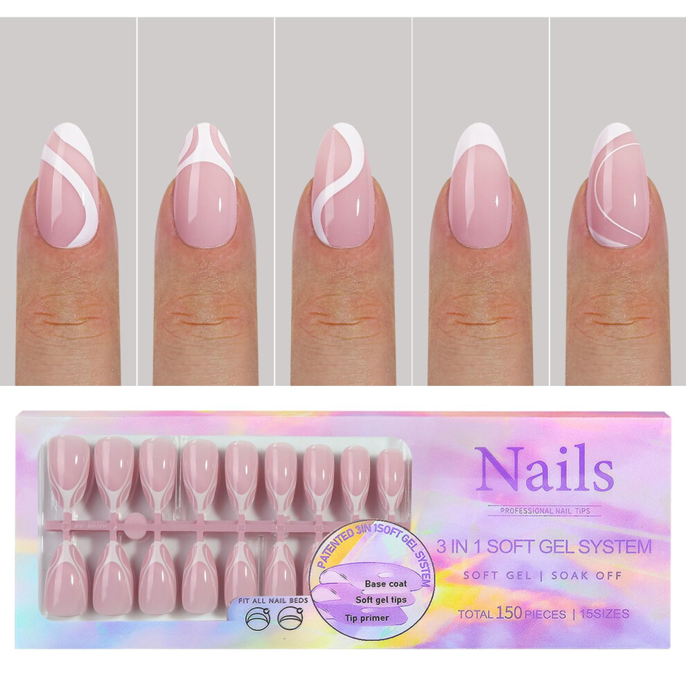150Pcs Short Almond French Gel Nail Tips, Soft Gel Press On Nails with Natural Matte Finish, 15 Sizes