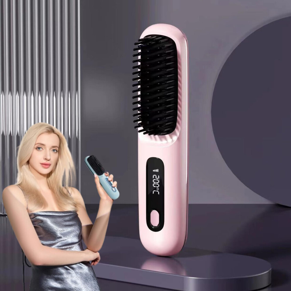 Pink Cordless Hair Straightening Brush With Fast Heating Ceramic Comb, 3 Temp Modes, Travel
