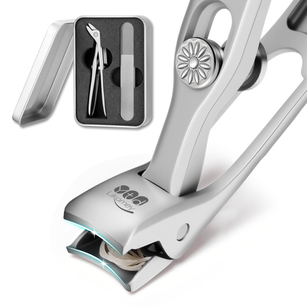 Silver Toenail Clippers For Thick Nails With Wide Jaw And Angled Head, Long Handle Set With Catcher And Nano Glass File For Seniors