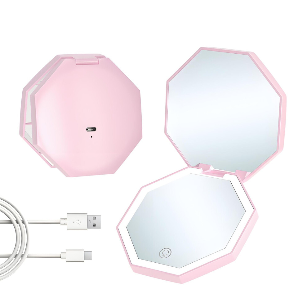 Light/Pink Led Makeup Mirror With 1X/3X Magnification, Touch Usb Rechargeable, Compact Travel Design