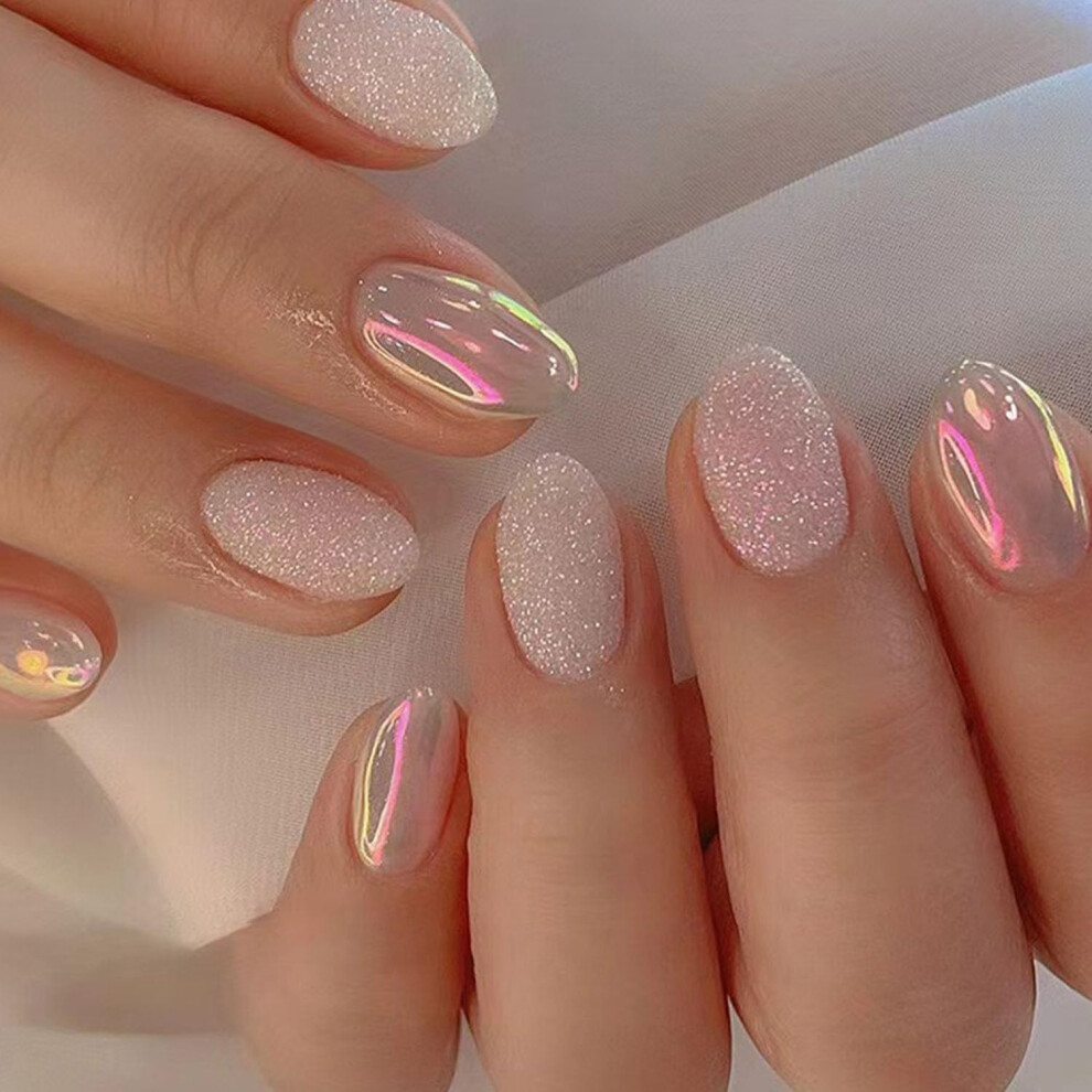 Short Almond Press On Nails Chrome Glitter Reusable Acrylic False Nails for Women 24 Pcs