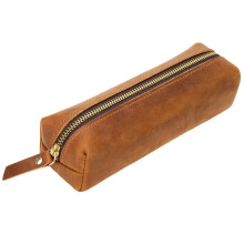 Full Grain Leather Pencil Case for Men, Vintage Brown Pen Pouch with Zipper, Holds 20 Pens