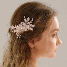 Rose Gold Wedding Hair Comb with Pearls and Crystals, Bridal Leaf Design Hair Accessory