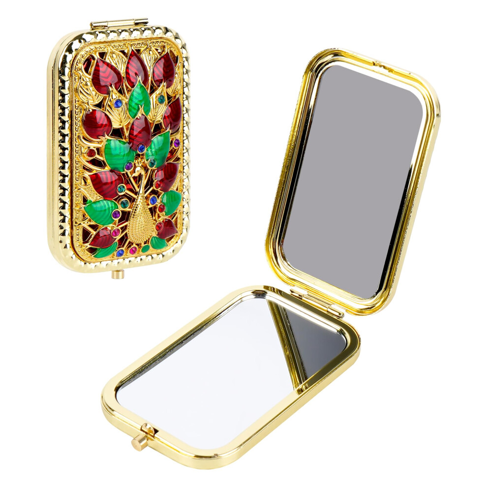 Vintage Peacock Compact Mirror Gold Folding Travel Makeup Mirror with Dual Sided Magnification
