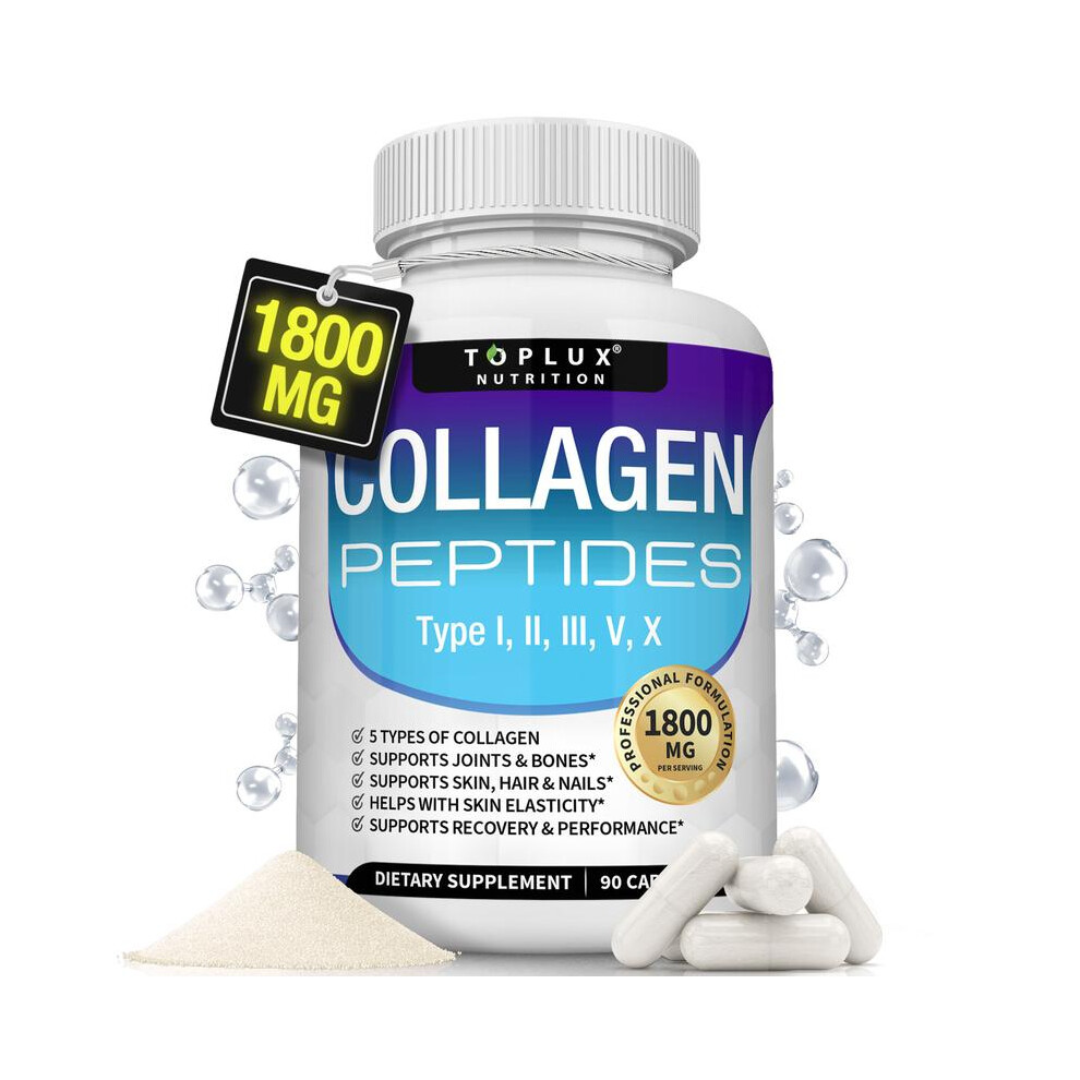 Toplux Nutrition Collagen Peptides 5 Types Complex 1800mg Dietary Supplement for Health Beauty Fitness 90 Capsules