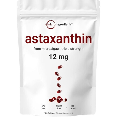 Micro Ingredients Astaxanthin 12mg, 120 softgels | 4 monthly Supply, Natural Tanning, Fresh Microalgae Source, Easy to Swallow
