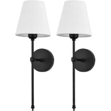 Set of 2 Retro Industrial Wall Sconces with Fabric Shade, Hardwired Bathroom Vanity Light, Black