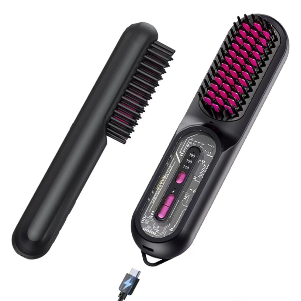 Black Cordless Hair Straightener Brush With Ionic Care, Fast Usbc Charging, Travelfriendly