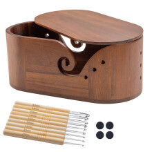 Wooden Yarn Bowl with Lid, Large Crochet Yarn Holder Organizer, Acacia Wood Knitting Bowl with Hooks