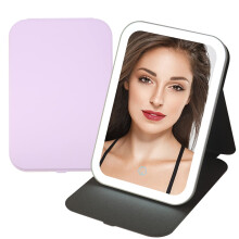 Rechargeable Travel Lighted Makeup Mirror with 3 Colors, 360 Rotation, Foldable Compact Vanity (Purple)